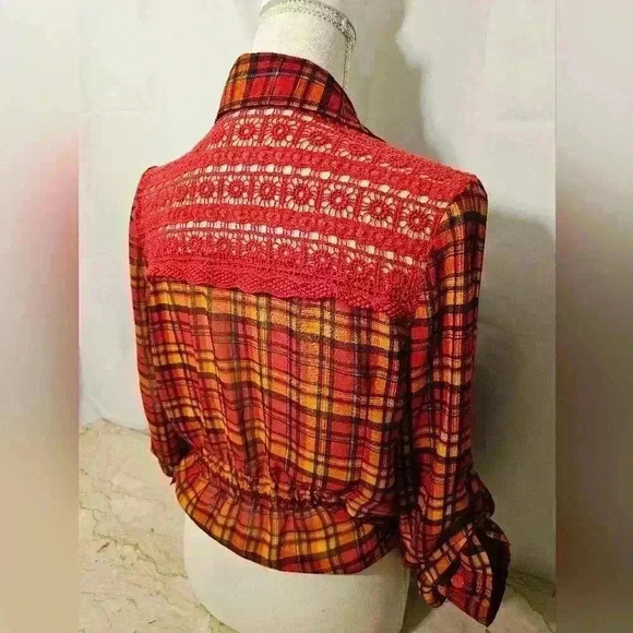 Excuse Me Miss Juniors Orange/Gold/Maroon/Black Plaid Polyester Blouse Large - Picture 4 of 9